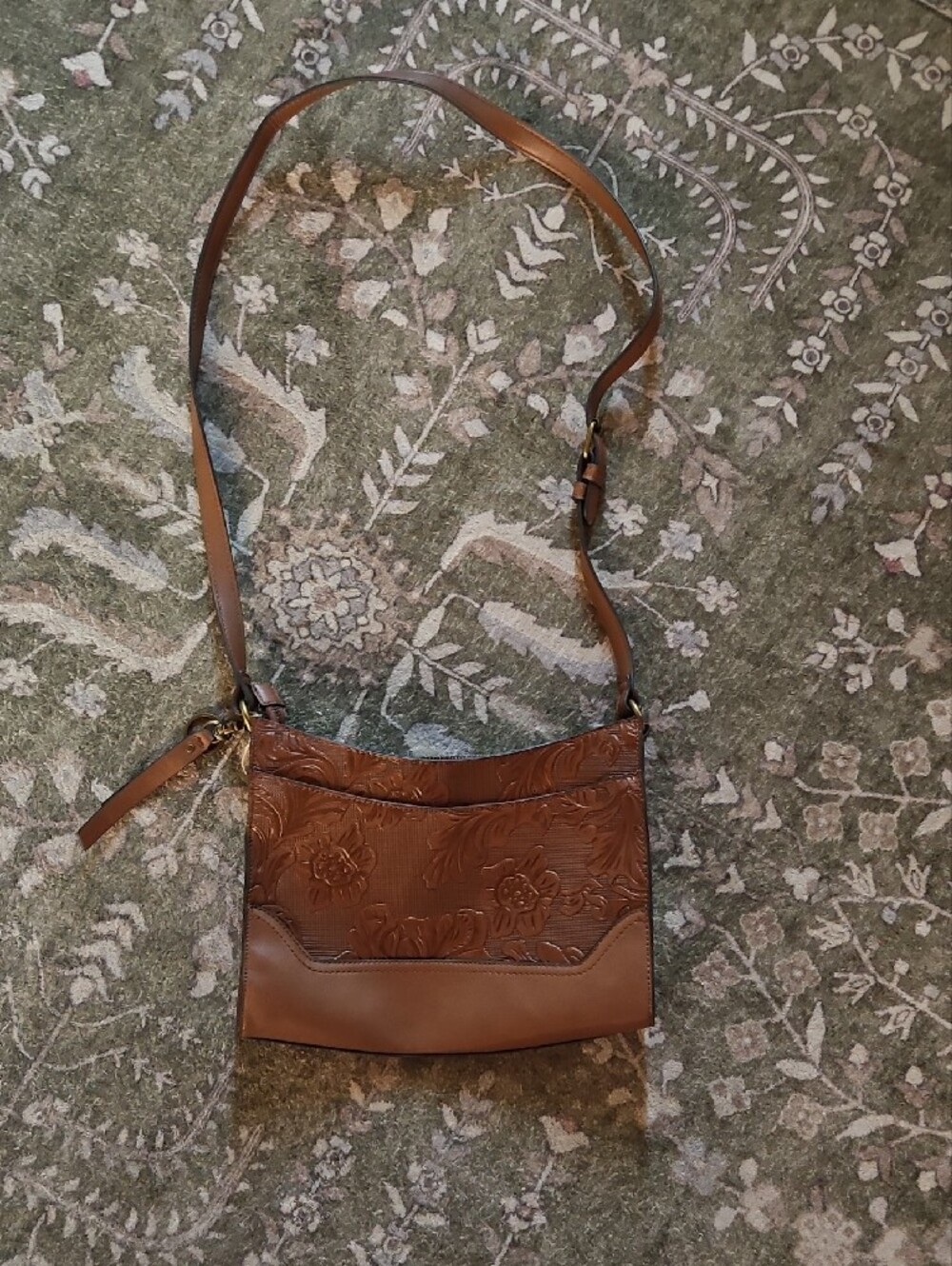 FRYE AND CO. Brown Embossed Floral Leather Crossbody Bag - Picture 6 of 7